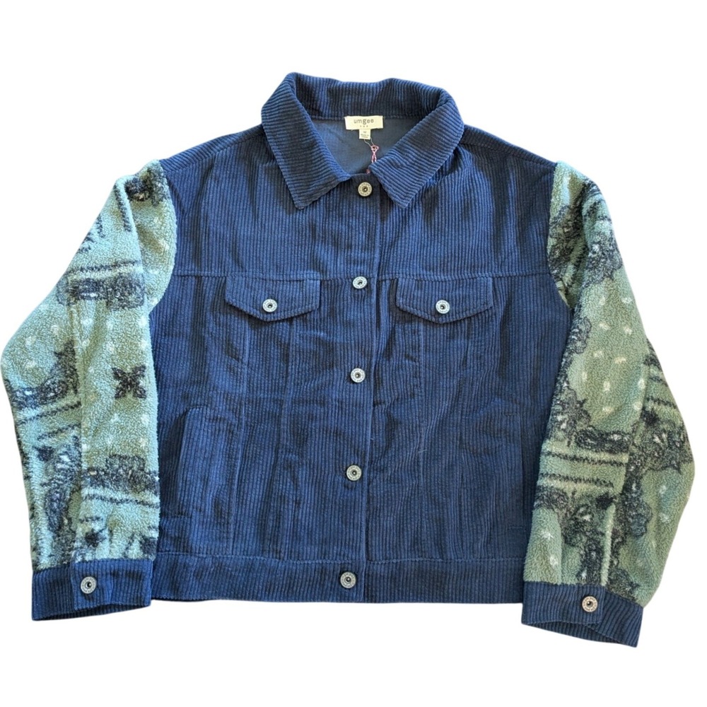 Umgee Navy Corduroy Trucker Jacket Sage Green Fleece Pattern Sleeves Boho Medium
